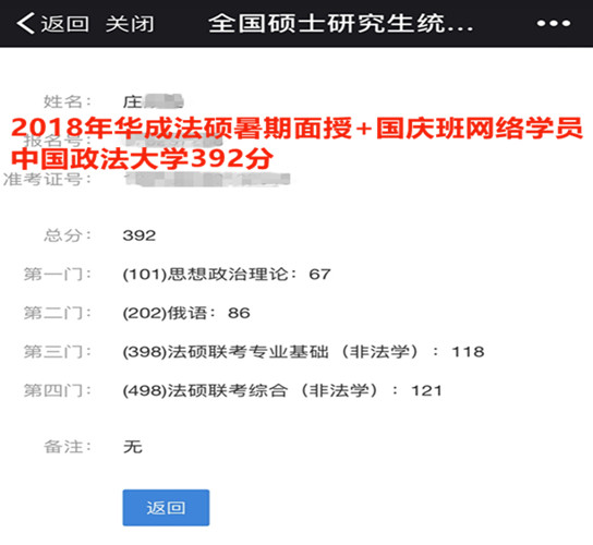 华成法硕2018年庄同学392分（政法大学）