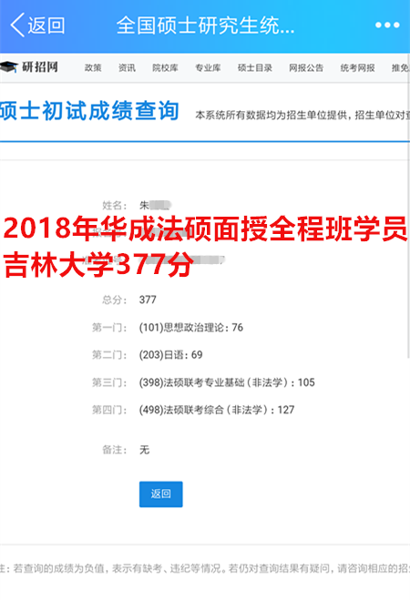 华成法硕2018年朱同学377分（吉林大学）